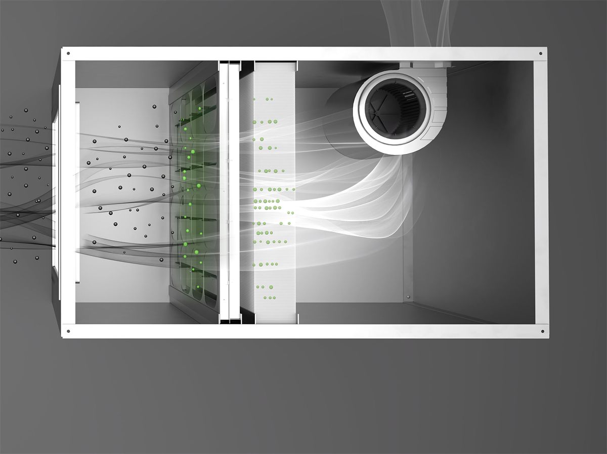 Vue en coupe d'une centrale de traitement d'air équipée d'un E·Filter TEQOYA