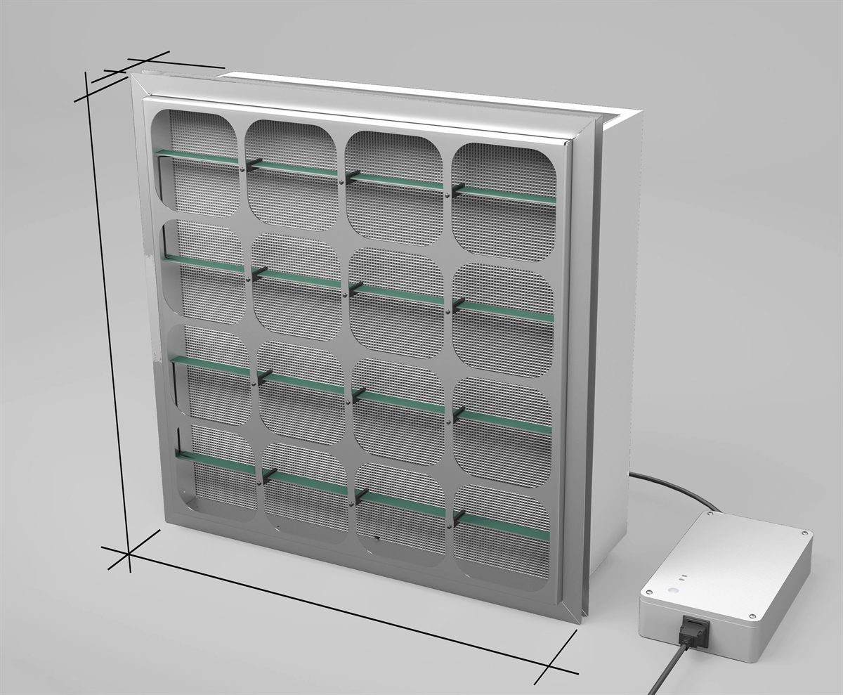E·Filter TEQOYA hors gaine avec son boîtier d'alimentation, cotes 60 × 60 × 22 cm